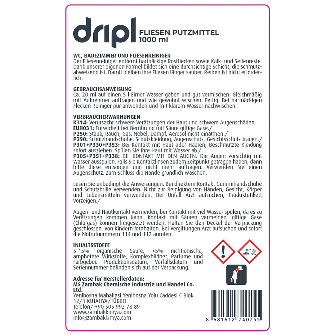 Dripl Fayans Temizleme Maddesi 1000ml