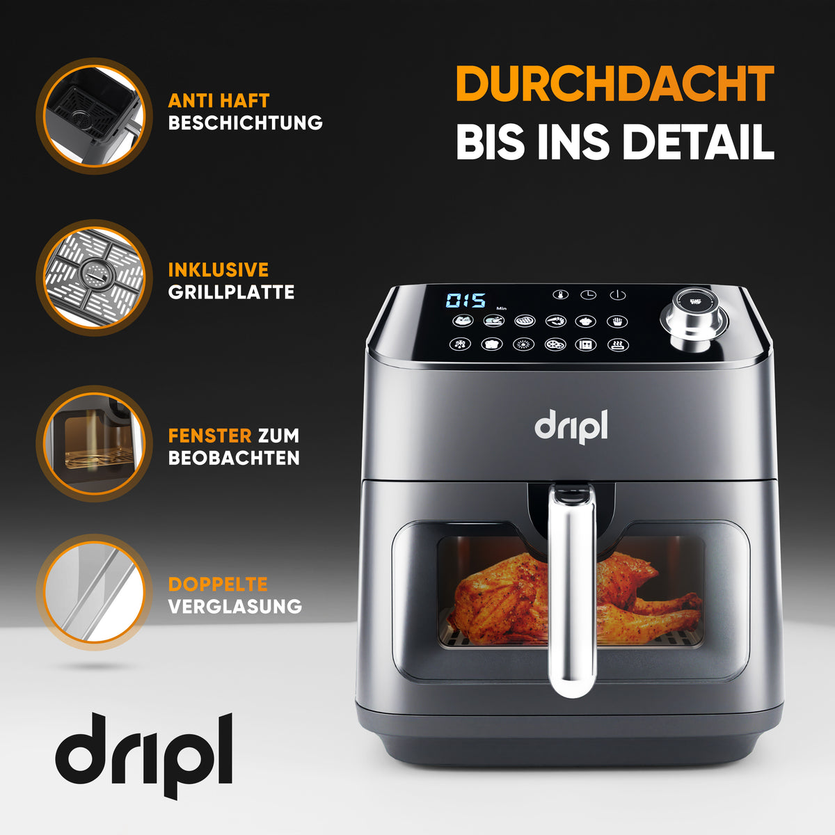 Dripl heteluchtfriteuse 5,7L met LCD-touchscreen